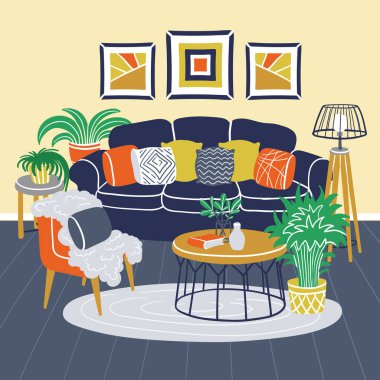 Vector hand drawn illustration on the theme of home interior design, home comfort. Colored poster with living room furniture