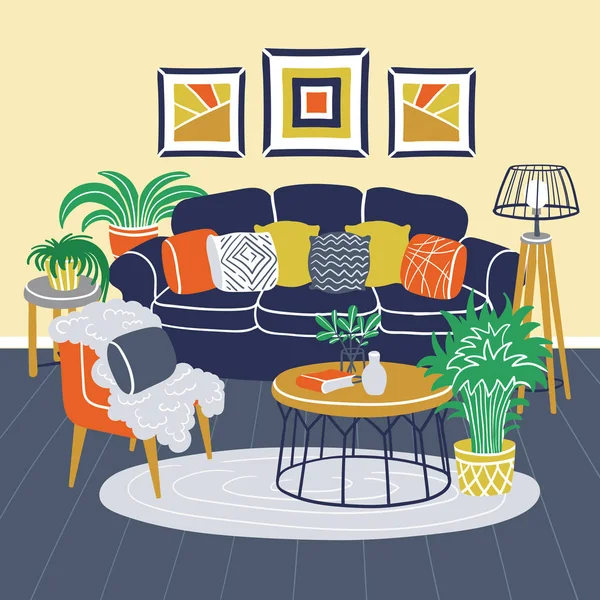 Illustration vectorielle dessinée à la main sur le thème du design d'intérieur, du confort à la maison. Affiche colorée avec mobilier de salon — Image vectorielle