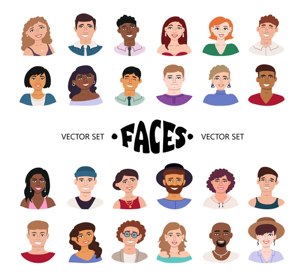 Ensemble Vectoriel Avec Avatars Isolés Sur Fond Blanc Visages Souriants — Image vectorielle