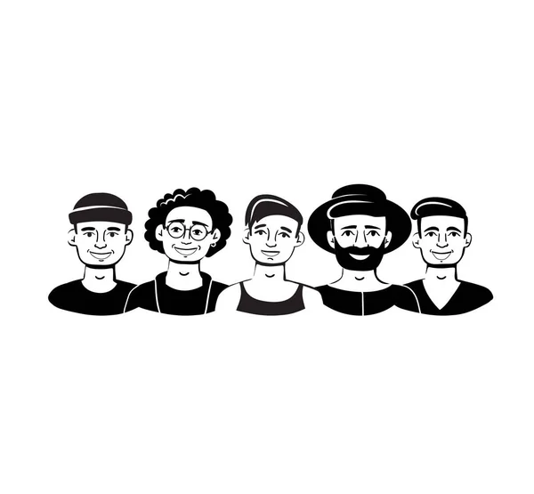 Ilustración Vectorial Con Grupo Aislado Hombres Sonrientes Sobre Fondo Blanco — Vector de stock