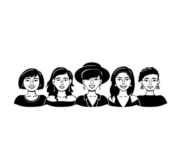 Ilustración Vectorial Con Grupo Aislado Mujeres Sonrientes Sobre Fondo Blanco — Vector de stock