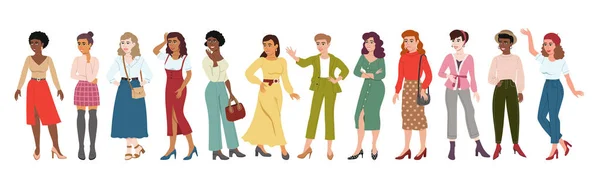 Conjunto Desenhos Animados Coloridos Vetoriais Mulheres Multirraciais Diferentes Poses Senhoras —  Vetores de Stock