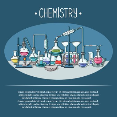 Kimya, kimya, kimya laboratuvarı, bilim, tıp, eczane teması üzerine renkli vektör çizimler. Farklı sıvı ve çözeltilere sahip özel kimyasal ekipmanlar, kimyasal reaksiyonlar