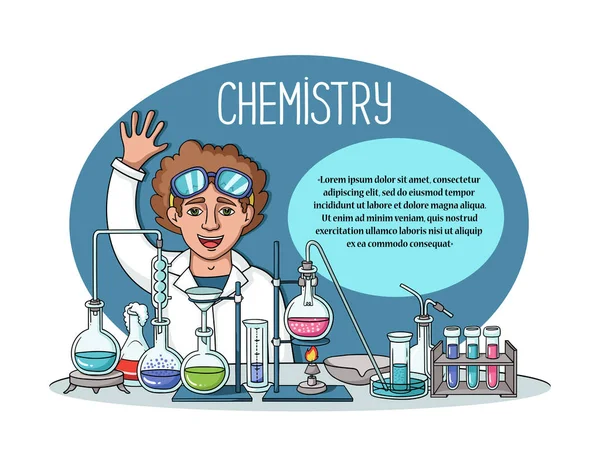 Vector Kleurrijke Illustratie Met Cartoon Chemicus Een Chemisch Laboratorium Wetenschapper — Stockvector