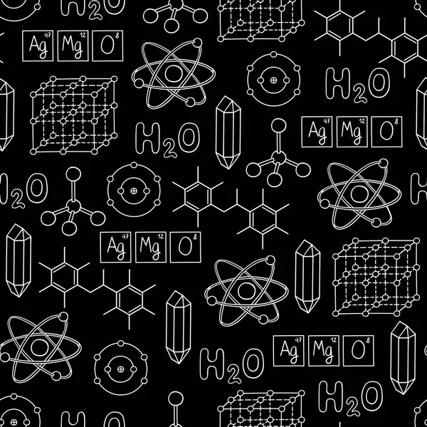 Vector Naadloos Patroon Met Cartoon Symbolen Van Chemie Zwarte Achtergrond — Stockvector