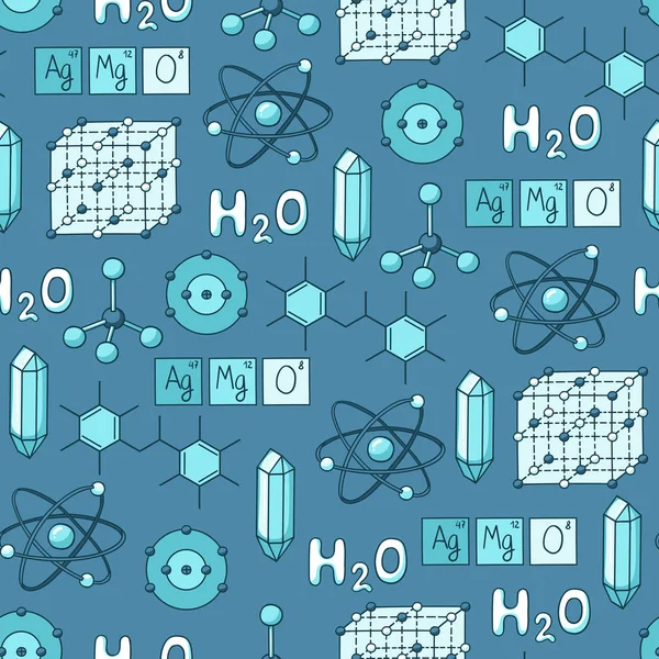 Vector Naadloos Patroon Met Cartoon Symbolen Van Chemie Blauwe Achtergrond — Stockvector