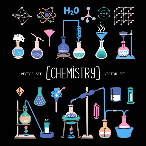 Vectorset Met Geïsoleerde Platte Krabbels Het Thema Chemie Geneeskunde Onderwijs — Stockvector