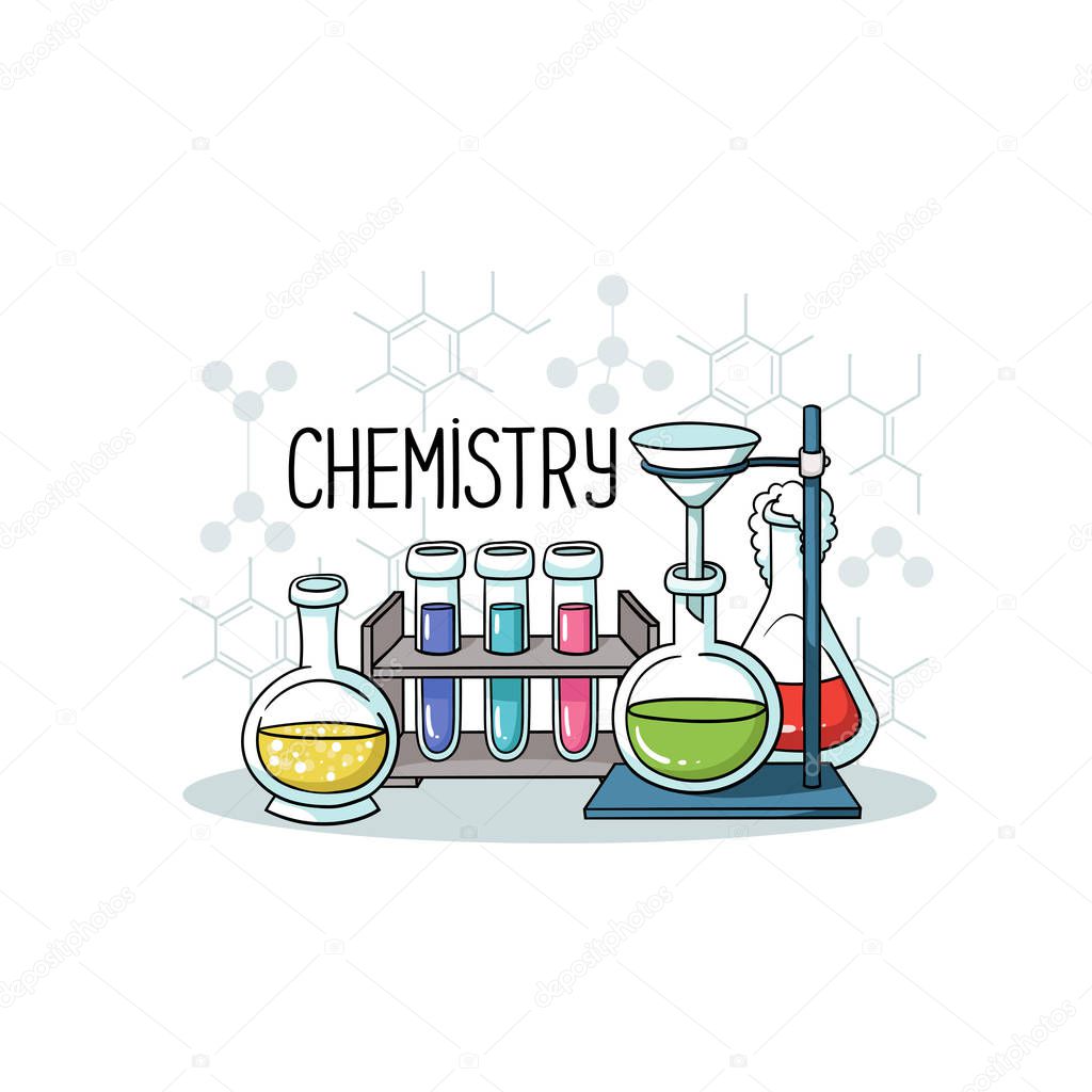 Vector colorful illustration with isolated chemical equiment on a table on white background. Illustration on the theme of chemistry, science, chemical laboratory, medicine, pharmaceuticals