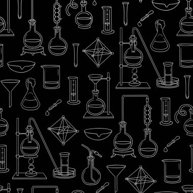 Özel ekipmanlı, kusursuz bir şablon. Kimya, bilim, eğitim, siyah zemin üzerinde tıp teması