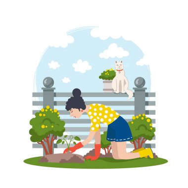 Bahçıvanlık, bahçıvanlık, tarım, açık hava, sıcak mevsim konularında vektör karikatür çizimi. Kadın bahçeye fidanlar ekiyor. Renkli düz tasarım