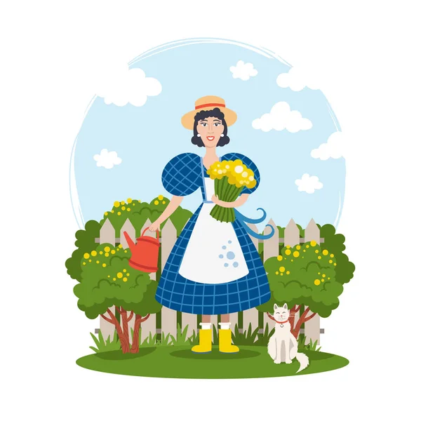 Illustration Vectorielle Dessin Animé Avec Femme Souriante Chat Dans Jardin — Image vectorielle