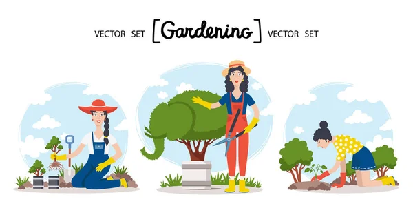 Vector Cartoon Set Theme Garden Gardener Agriculture Colorful Flat Design — 스톡 벡터