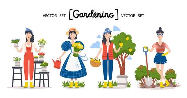 Vector Cartoon Set Theme Garden Gardener Agriculture Colorful Flat Design — 스톡 벡터