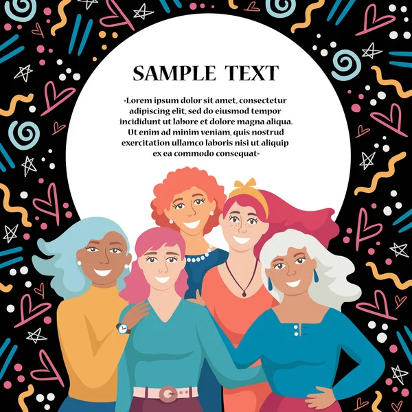 Banner Colorido Vetorial Com Grupo Mulheres Sorridentes Personagens Desenhos Animados —  Vetores de Stock