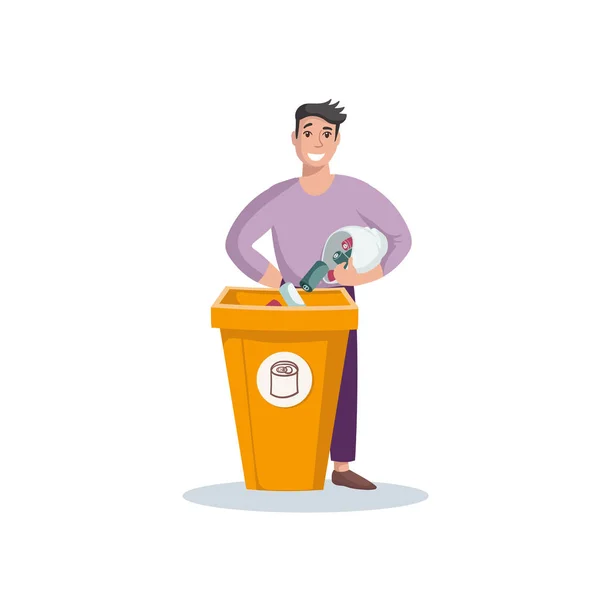Vector Colorful Illustration Standing Man Putting Aluminum Cans Trash Bins ストックイラスト