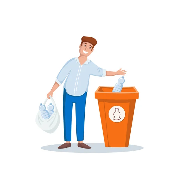立った男とベクトルカラフルなイラストはゴミ箱 ゴミ箱 コンテナにペットボトルを入れています ゴミの分別 生態学をテーマにしたイラスト 漫画平たいキャラクター ベクターグラフィックス
