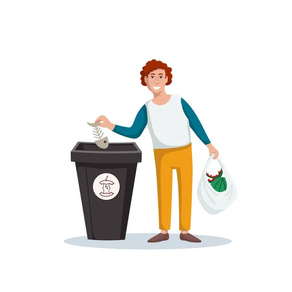 立っ男とベクトルカラフルなイラストは ゴミ箱 ゴミ箱 容器に有機ゴミを入れます ゴミの分別 生態学をテーマにしたイラスト 漫画平たいキャラクター ロイヤリティフリーのストックイラスト