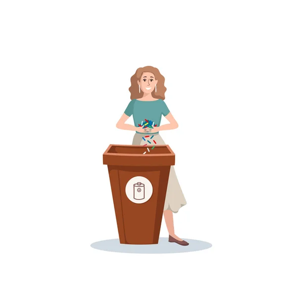 立ち女性がゴミ箱 ゴミ箱 ゴミ箱 コンテナに電池を入れてベクトルカラフルなイラスト ゴミの分別 生態学をテーマにしたイラスト 漫画平たいキャラクター ストックイラスト