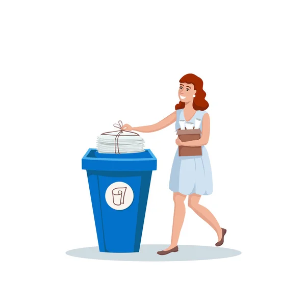 立っている女性とベクトルカラフルなイラストはゴミ箱 ゴミ箱 コンテナに紙を入れます ゴミの分別 生態学をテーマにしたイラスト 漫画平たいキャラクター ロイヤリティフリーのストックイラスト