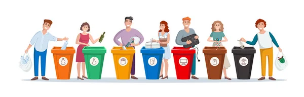 ゴミ箱 ゴミ箱 ゴミ箱 コンテナにゴミを入れる立っている人々のベクトルカラフルなセット ゴミの分別 生態系 リサイクルをテーマにしたイラスト 漫画平文字 ストックベクター