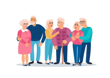 Beyaz arka planda izole edilmiş bir grup yaşlıyla renkli vektör çizimi. Karikatür düz erkek ve kadın karakterleri. Mutlu yaşlılık teması üzerine çizim