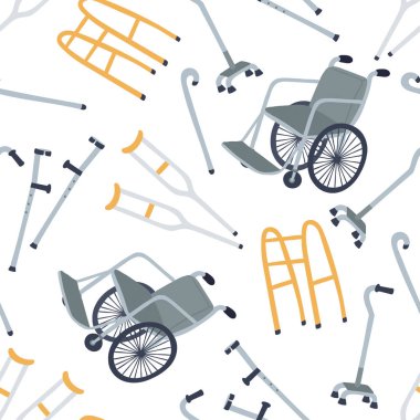 Sağlık ve tıbbi ekipman temasında kusursuz bir model var. İzole edilmiş baston, aylaklar, koltuk değnekleri, beyaz renkli tekerlekli sandalyeli arka plan