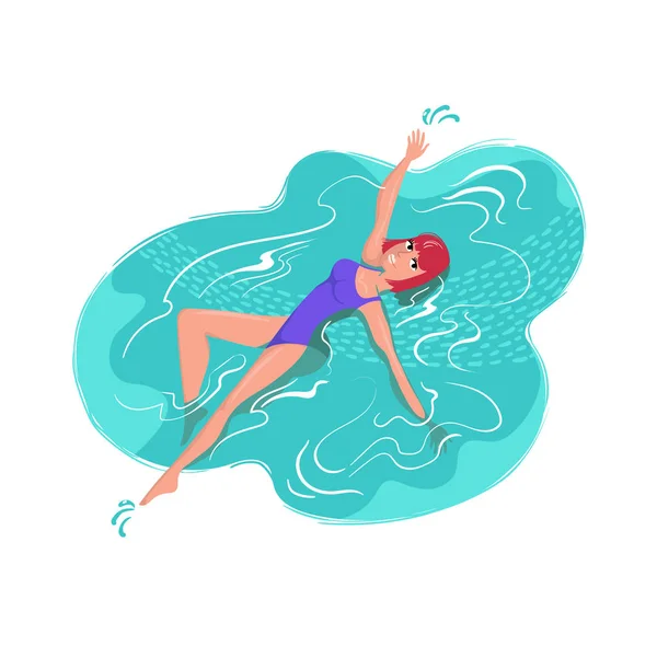 Διάνυσμα Πολύχρωμο Εικονογράφηση Κορίτσι Κολύμπι Στο Νερό Κινούμενη Νεαρή Γυναίκα — Διανυσματικό Αρχείο