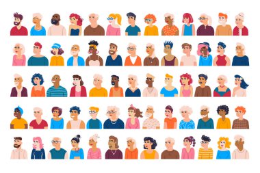 İnsanların teması üzerine vektör renkli bir set. Çizgi film erkek ana kadın avatarları. Genç ve yaşlı kadın ve erkek portreleri. Tasarımda kullanılacak karakterler