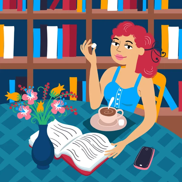 図書館 レジャーのテーマにベクトルカラフルなイラスト 若い女性は本を持ってテーブルに座っている 平漫画のキャラクターデザイン ベクターグラフィックス