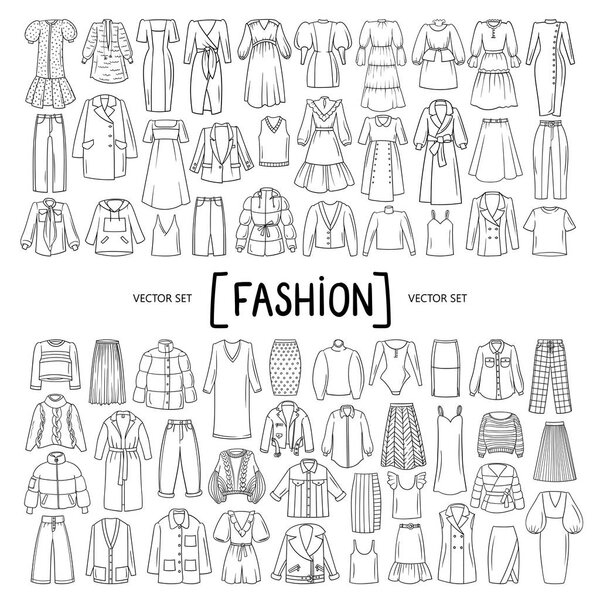 Vector set with isolated doodles of women 's clothing, wear on white background. Set on the theme of beauty and fashion, women 's wardrobe
