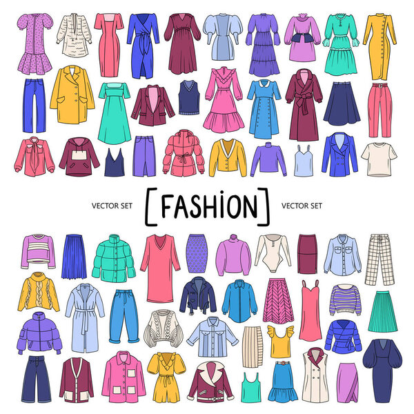 Vector set with isolated colored doodles of women 's clothing, wear on white background. Set on the theme of beauty and fashion, women 's wardrobe
