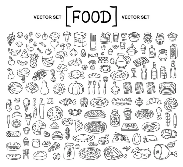 食をテーマにしたベクトル漫画 ベーカリー製品 ソーセージ 食料品の白い背景に孤立したドドル 手描きの要素 — ストックベクタ