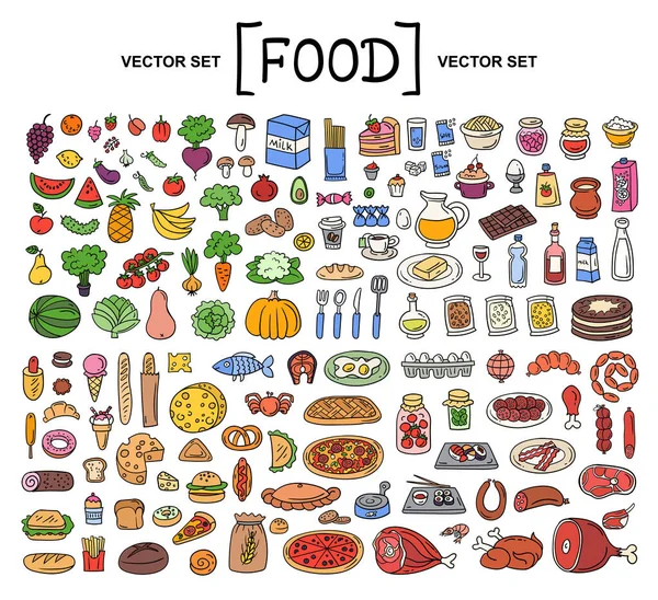 食をテーマにしたベクトル漫画 ベーカリー製品 ソーセージ 白を背景に食料品の隔離された色のドドル 手描きの要素 — ストックベクタ