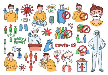 Karikatür vektörü koronavirüs temasına ayarlandı, covid-19. Belirtiler, sağlık hizmetleri, virüs koruması, yayılma nedenleri, bilgi grafikleri, tıbbi tavsiyeler, aşı geliştirme. Renkli el çizimleri