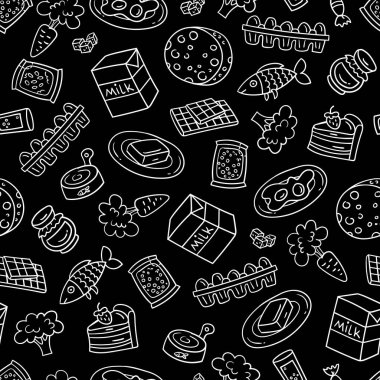 Yiyecek süpermarketi temasında vektör deseni. Siyah renkli günlük ürünlerle arka plan