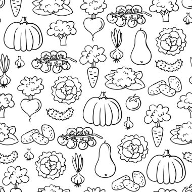 Besin teması, uygun beslenme, vitaminler ve vejetaryen yiyecekler için vektör deseni. Arka planda beyaz renkli sebzeler var. Satır sanatı