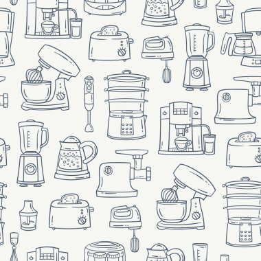 Mutfak aletleri ve elektronik tema vektör deseni. Arka planda bej rengi arama tekniği var. Satır sanatı