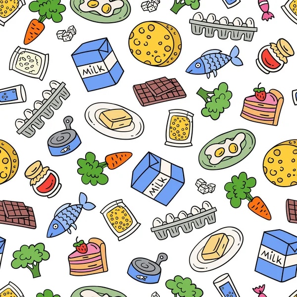 Διάνυσμα Πολύχρωμο Μοτίβο Στο Θέμα Των Τροφίμων Καθημερινά Προϊόντα Σούπερ — Διανυσματικό Αρχείο
