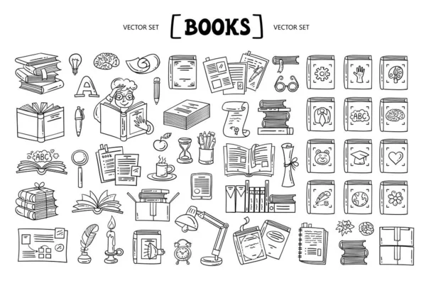 Vector Tekenfilmset Rond Het Thema Literatuur Boeken Geïsoleerde Doodles Witte — Stockvector