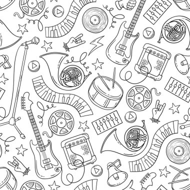 Müziğin temasında vektör pürüzsüz desen. İzole edilmiş müzik aletleri ve beyaz renkte ses sembolleri olan bir arka plan. Satır sanatı