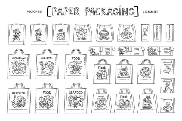 Vector Tekenfilmset Met Papieren Verpakking Geïsoleerde Zakken Dozen Voor Voedsellevering — Stockvector