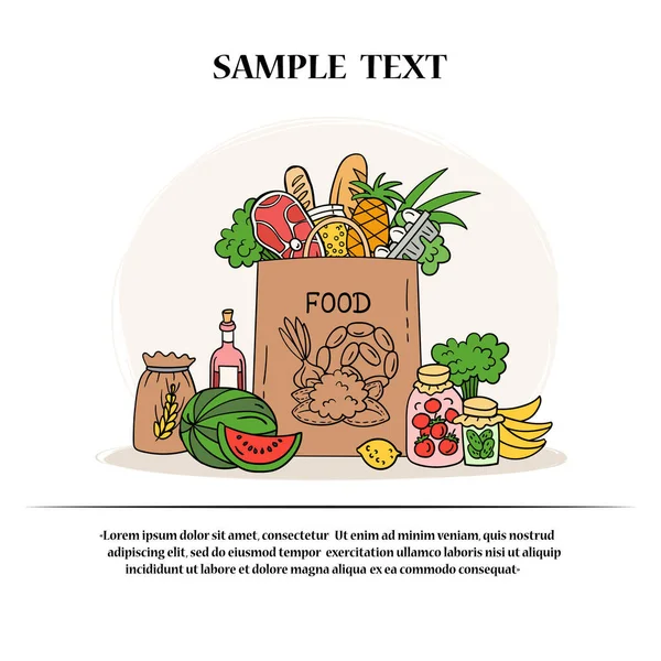 フードデリバリー 食品供給 料理をテーマにしたベクトルカラフルな情報カード デザインにおける漫画の背景 — ストックベクタ
