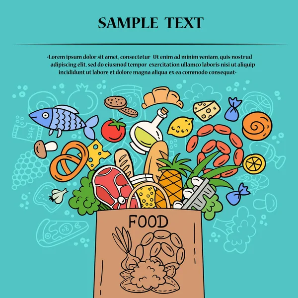食品の配達 食品供給のテーマにベクトルカラフルなカバー デザインで使用するための漫画情報カード — ストックベクタ
