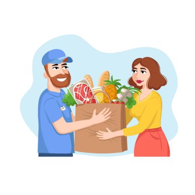 Yemek dağıtım teması üzerine vektör karikatür çizimi. Kurye eve yiyecek getiriyor. Düz tasarım
