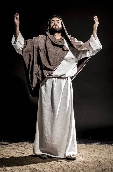 Jezusa Chrystusa Modląc Się Boga Konsekracji Chleba Winogron Ciemną Noc — Zdjęcie stockowe