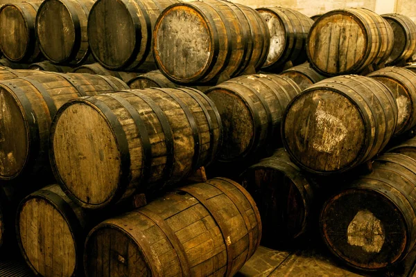 Wine Barrels Stacked Old Cellar Winery — Stock Photo, Image