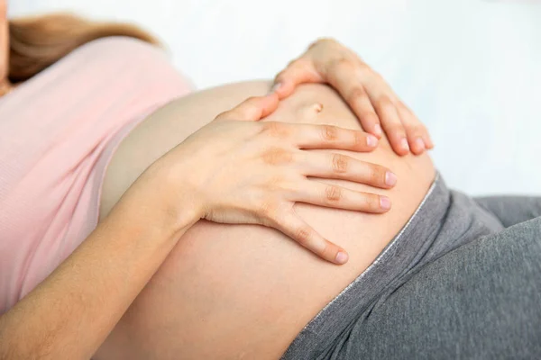 Young Real Pregnat Woman Happy Bedroom House — Stock Photo, Image