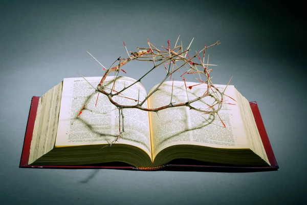 Detail Crown Thorns Jesus Christ Drops Blood Holy Bible — Stock Photo, Image