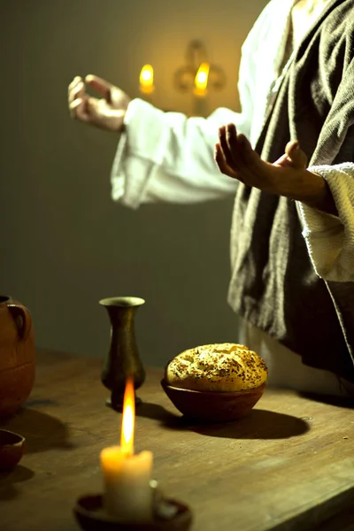 Сцена Ісуса Христа Благословляючи Хліб Вино Під Час Останньої Вечері — стокове фото