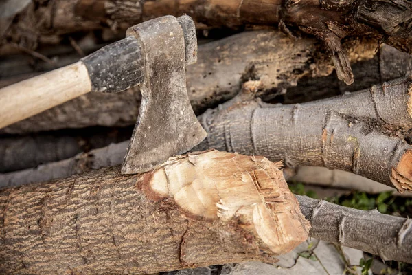 調理用薪を切るために丸太に埋められた斧 — ストック写真